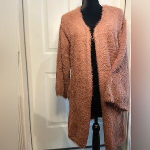 Prima~NWOT~Plush~Light Rose Brown~Faux Fur~Open Cardigan~Slant Pockets~Size M